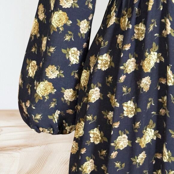 Promesa Maxi Dress Black Floral Sz M Long Balloon Sleeves Back Neck Tie Packable - Picture 3 of 12